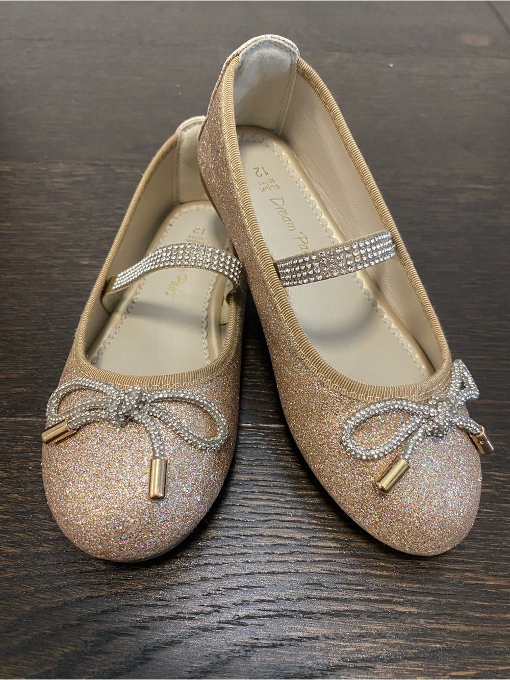 Dream Pairs Girls' Gold Gold Ballet Flats with Rhinestone Bow and Strap, Size 12